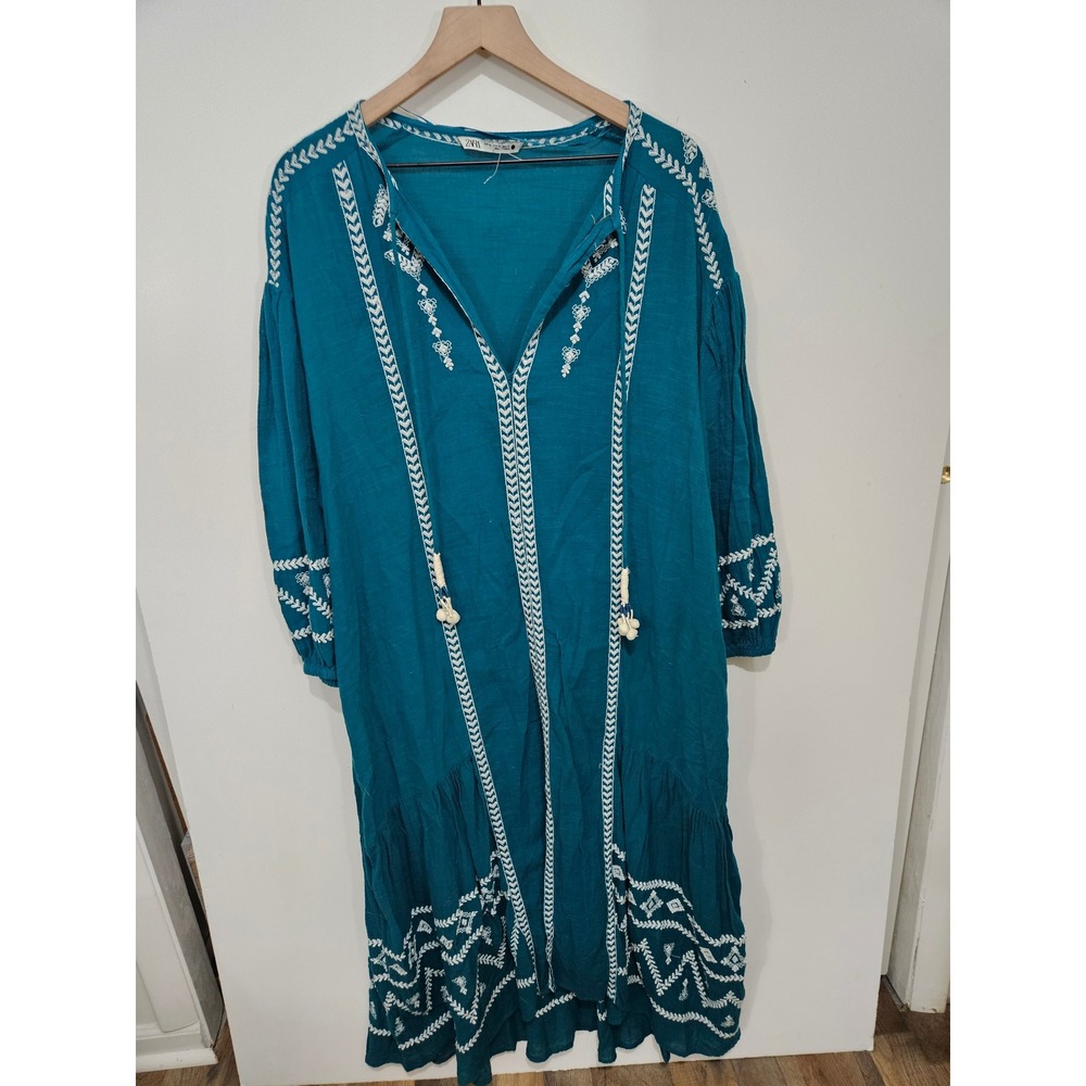 Zara Teal Blue Embroidered Boho Midi Dress Balloon Sleeve Tassel XL